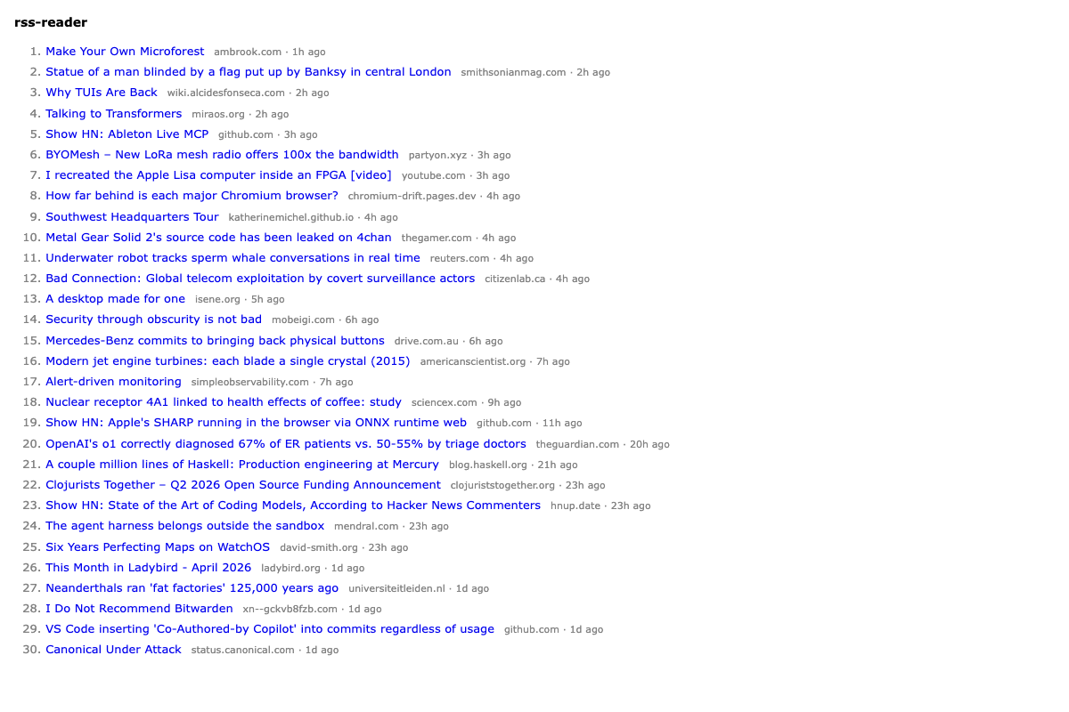 The rss-reader index at the end of Part 3 — a plain HN-style numbered list of 30 items with title, source domain, and age.