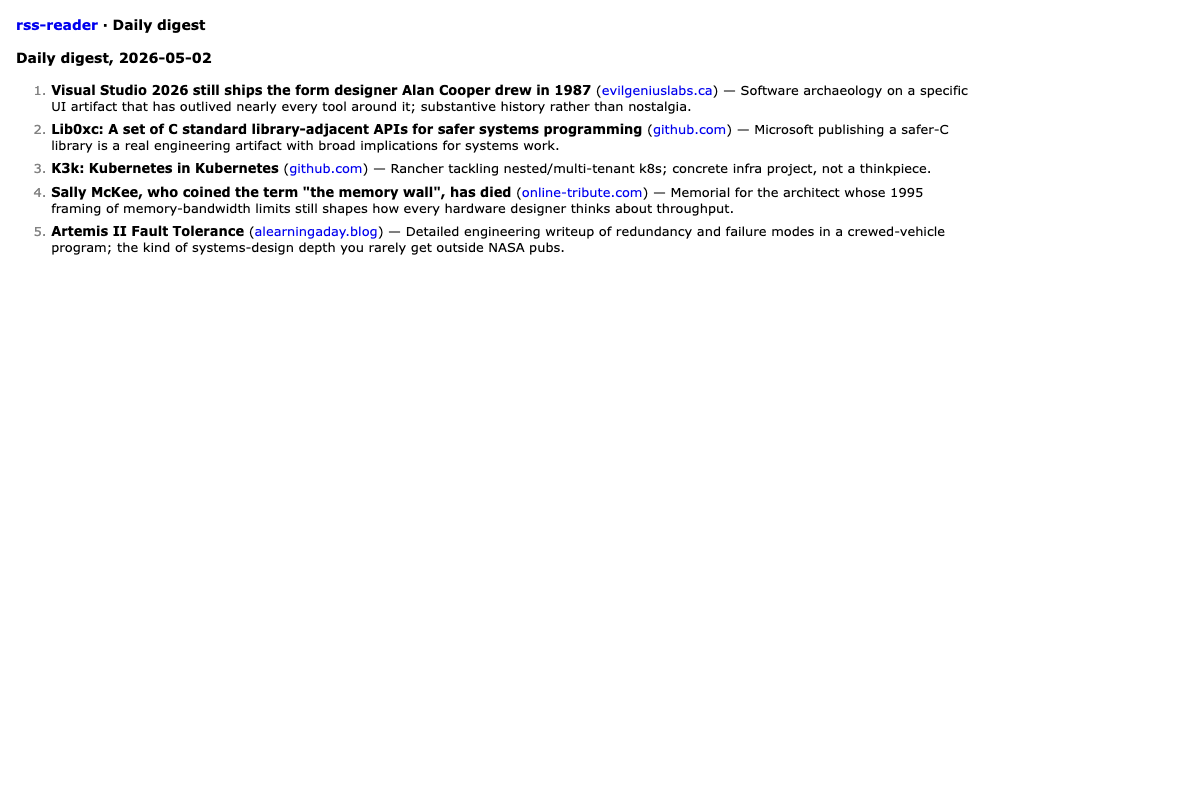 The /digest page — a "Daily digest, 2026-05-02" heading above a short numbered list of bold-linked items, each with a source domain and a one-sentence editorial note.