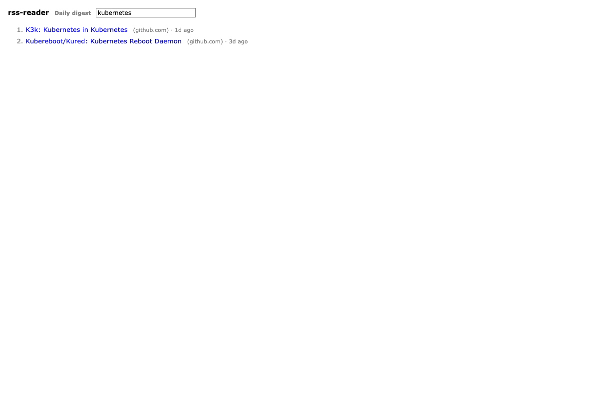 Search for "kubernetes" returning two matching items — the search input with the query pre-filled, results rendered in the same HN-style list.